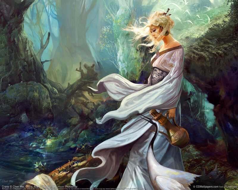 Woman in forest with jug