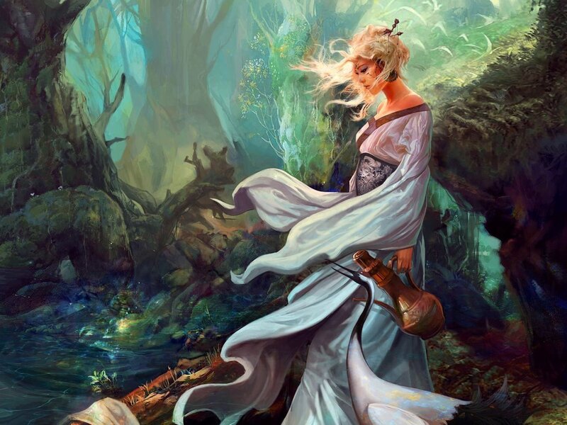 woman in forest with jug