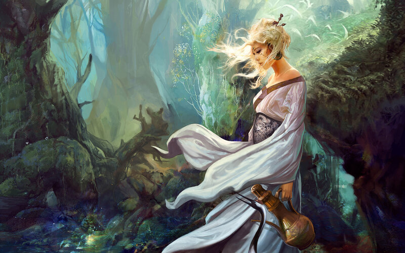 woman in forest with jug