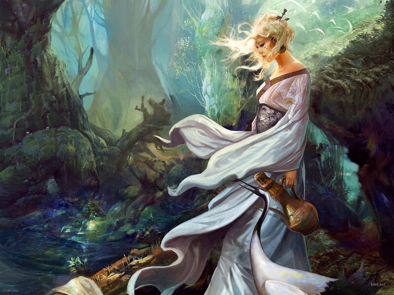 woman in forest with jug