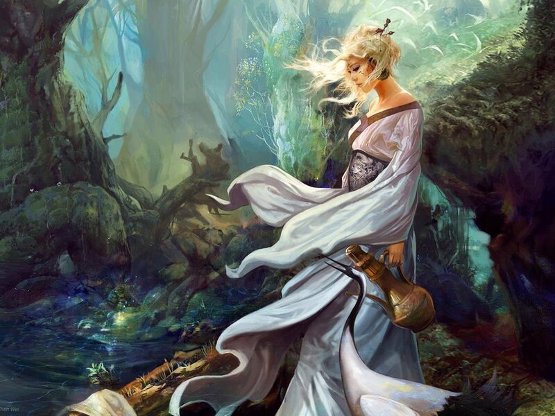 woman in forest with jug