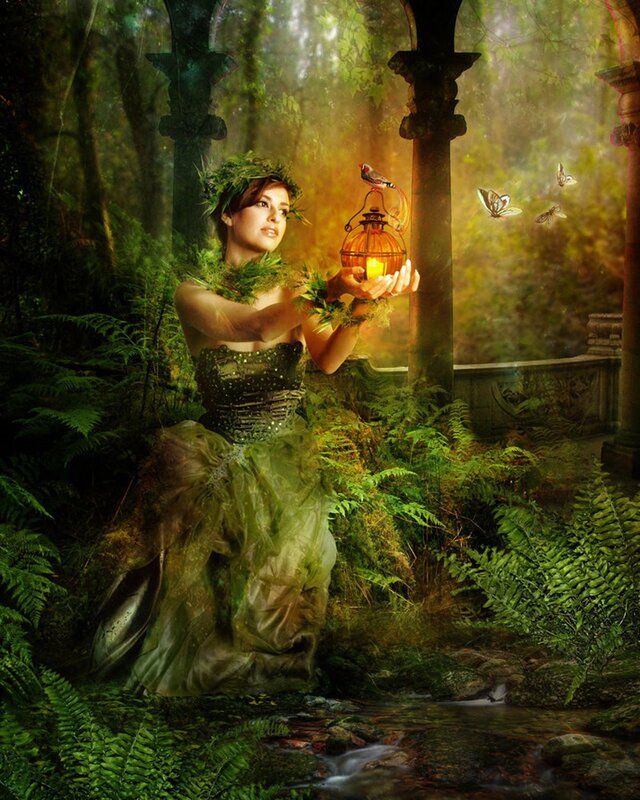 woman in forest with lantern