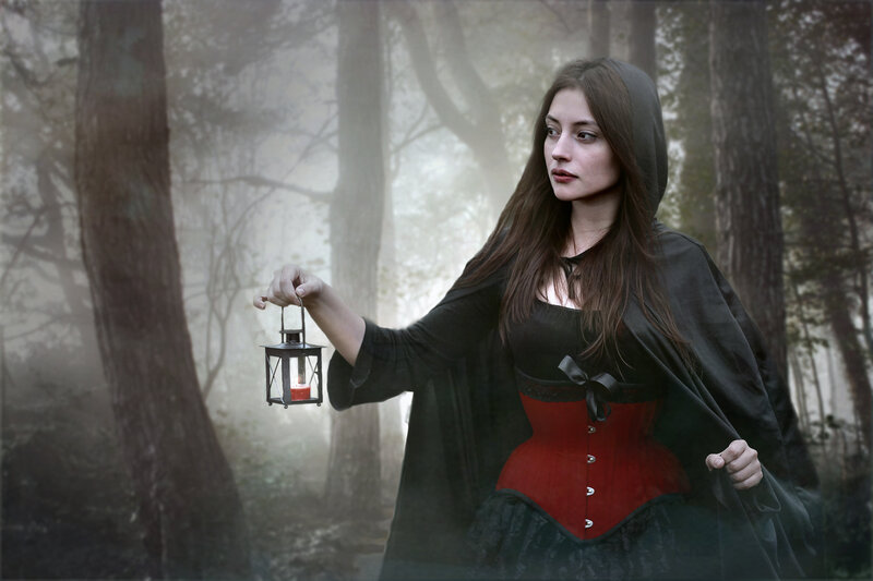 Woman in Forest with Lantern — Black, Mysterious, Night