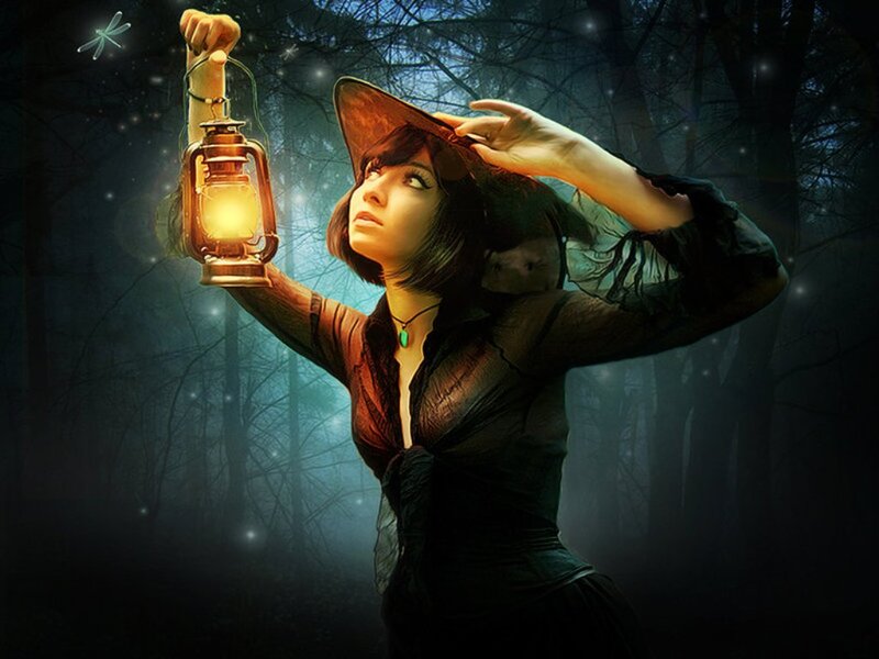 Woman in Forest with Lantern — Black, Mysterious