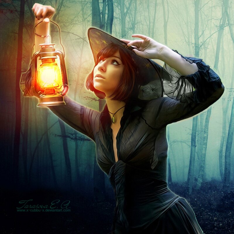 Woman in Forest with Lantern — Black