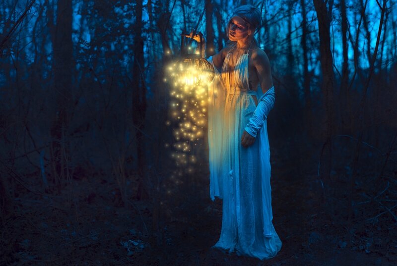 Woman in Forest with Lantern — Blue
