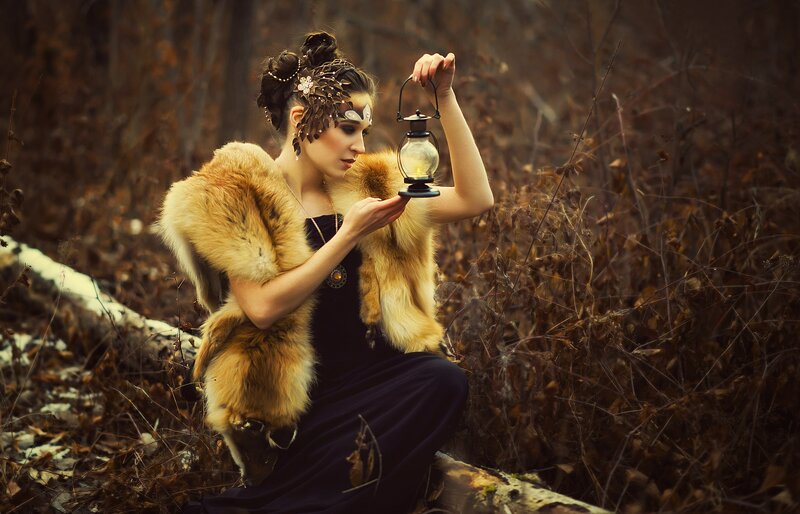 Woman in Forest with Lantern — Brown, Dramatic