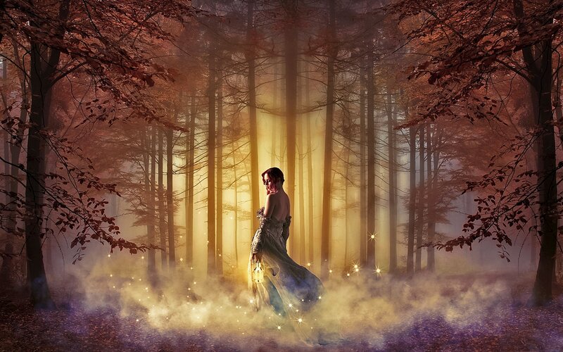 Woman in Forest with Lantern — Gold
