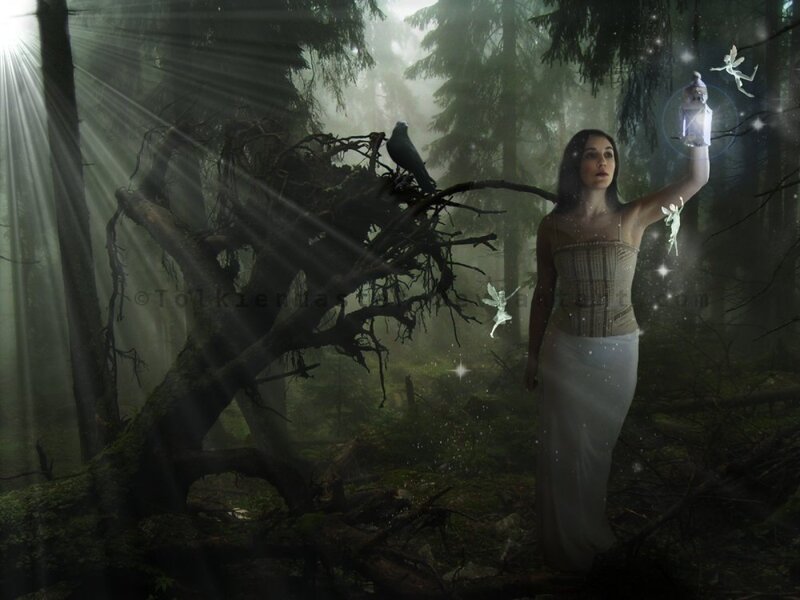 Woman in Forest with Lantern — Green, Mystical