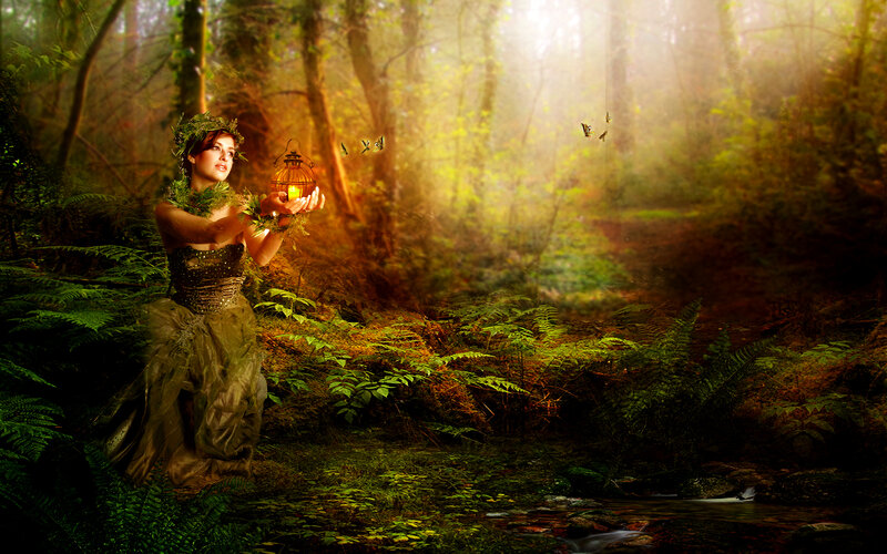 Woman in Forest with Lantern — Green, Serene