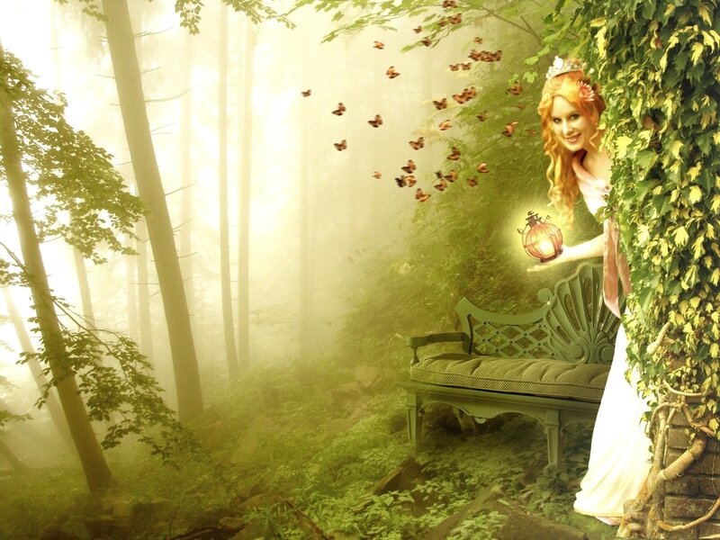 Woman in Forest with Lantern — Green