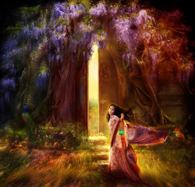 Woman in Forest with Lantern — Purple, Mystical