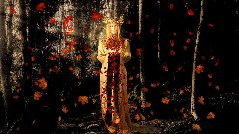Woman in Forest with Leaves — Red