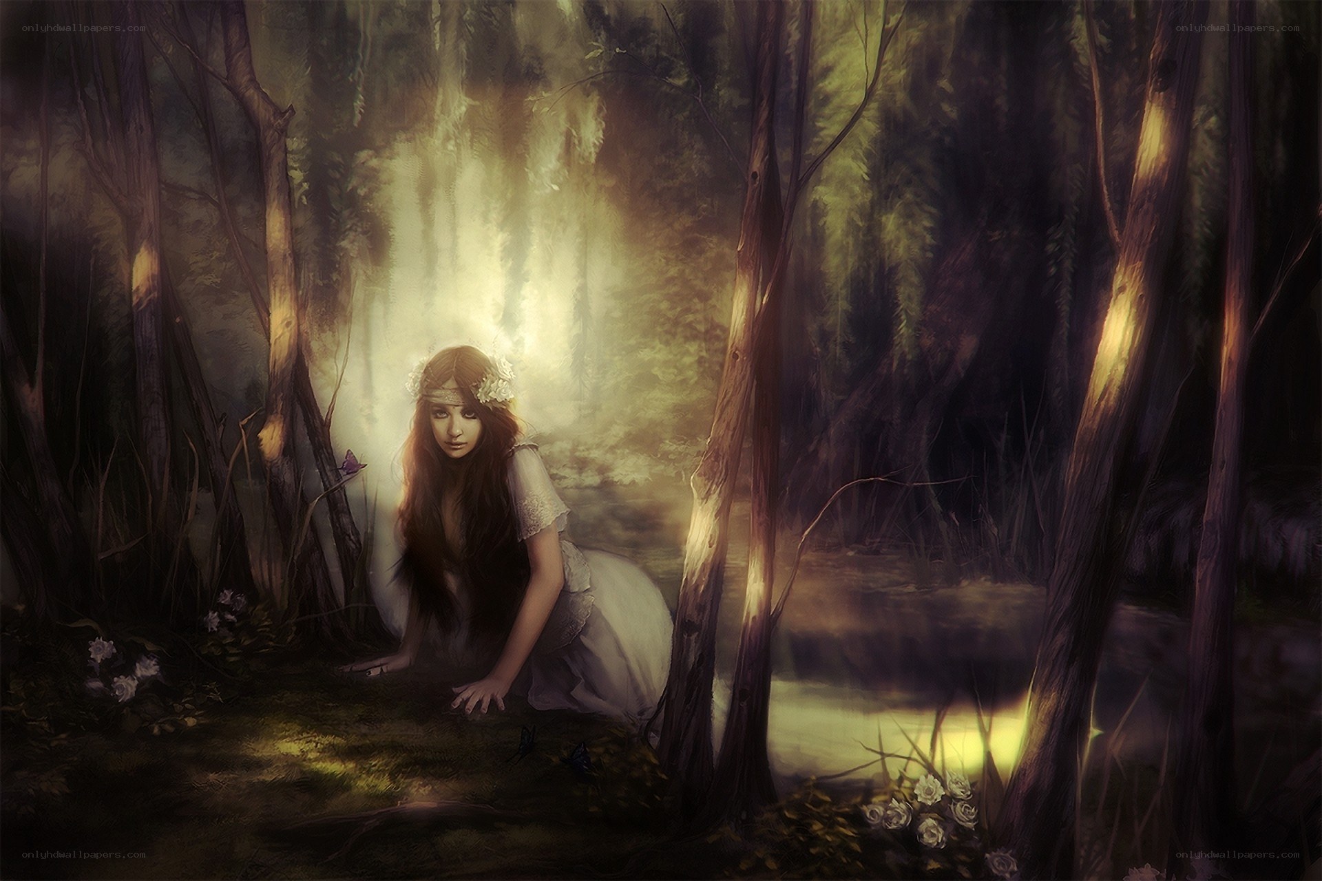 woman in forest with light
