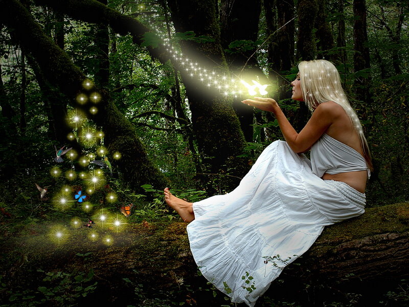 Woman in Forest with Lights — Green