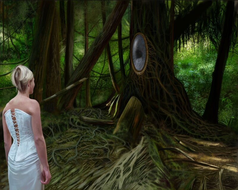 woman in forest with mirror