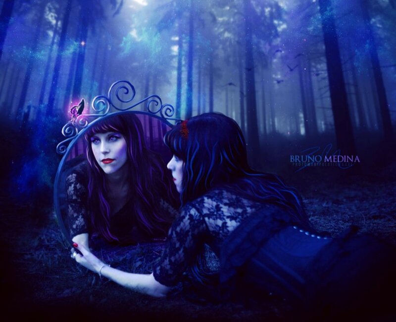 Woman in Forest with Mirror — Blue