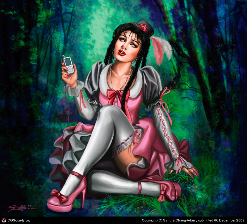 woman in forest with mp3 player