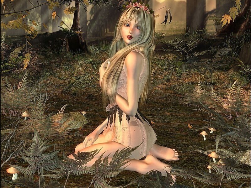 woman in forest with mushrooms