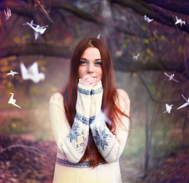 Woman in Forest with Origami