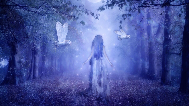 Woman in Forest with Owls — Blue