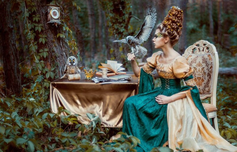 Woman in Forest with Owls
