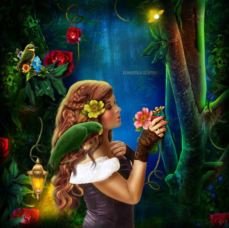 Woman in Forest with Parrot