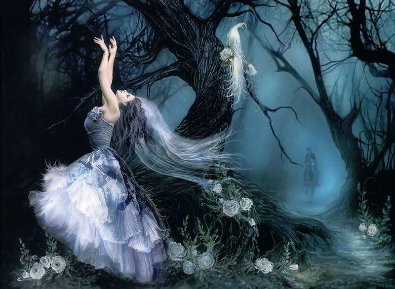 woman in forest with peacock