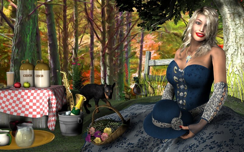 Woman in forest with picnic