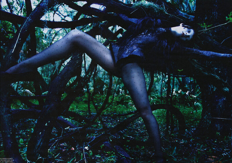 woman in forest with polka dot tights