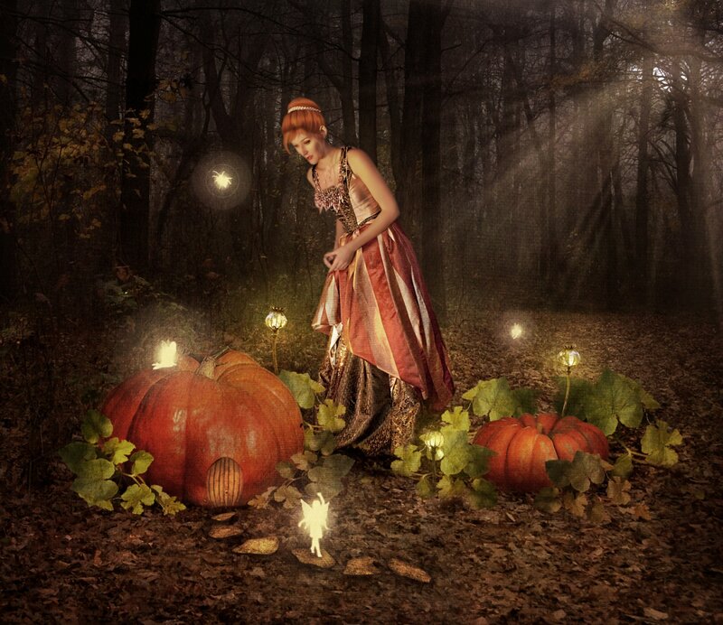 Woman in Forest with Pumpkins — Brown