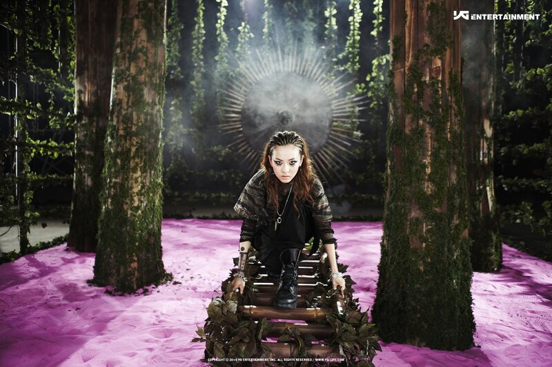 woman in forest with purple ground