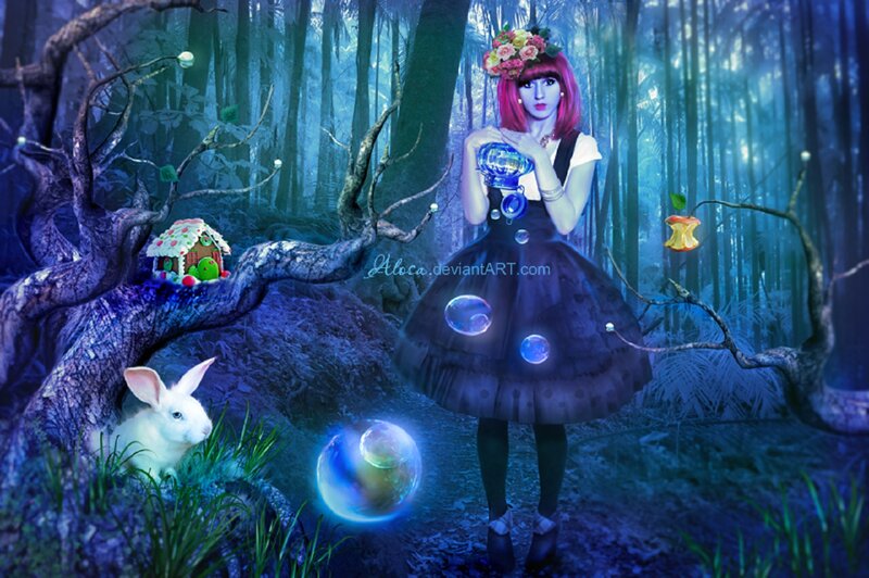 Woman in Forest with Rabbit — Blue, Fantastical