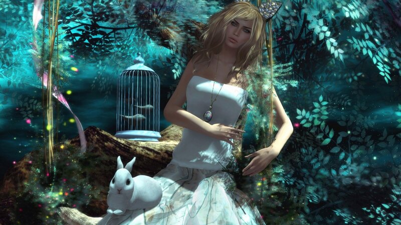 Woman in Forest with Rabbit — Blue, Serene