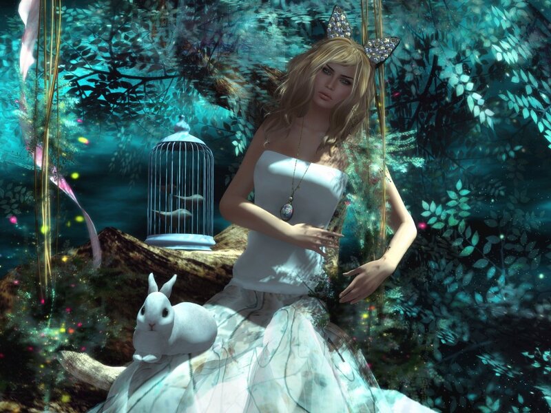 Woman in Forest with Rabbit — Blue