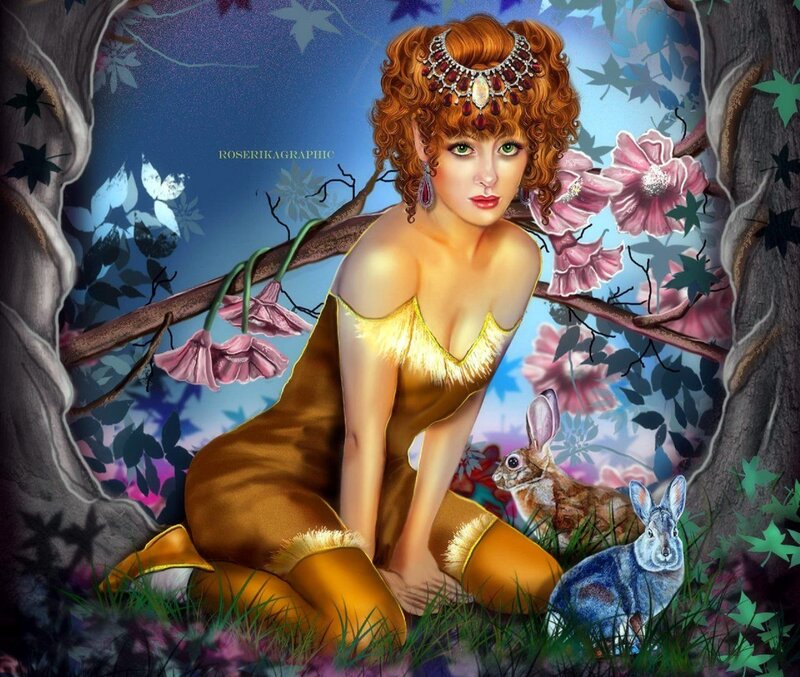 Woman in Forest with Rabbits