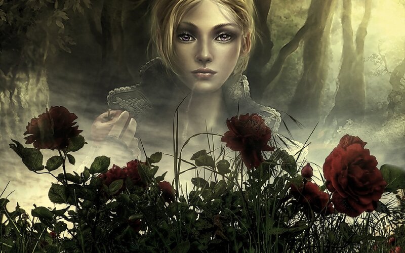 woman in forest with red roses