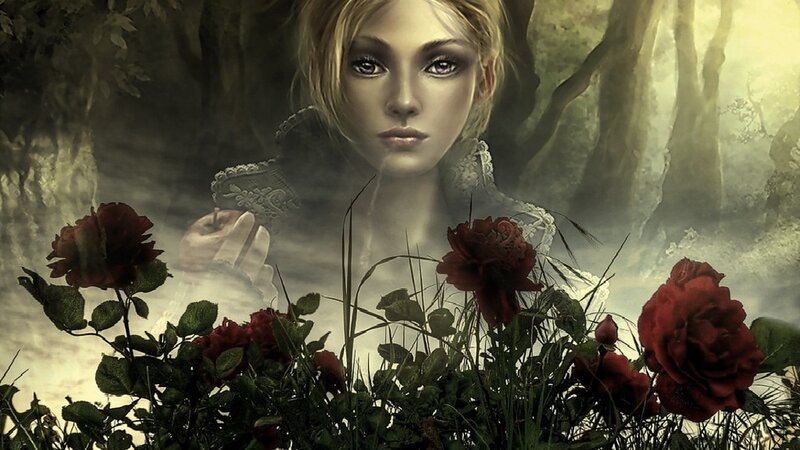 woman in forest with red roses