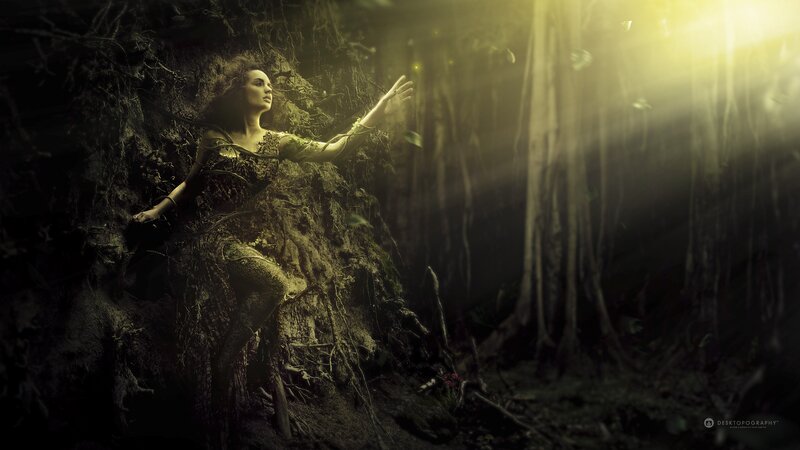 woman in forest with roots