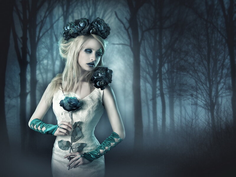 Woman in Forest with Roses — Blue