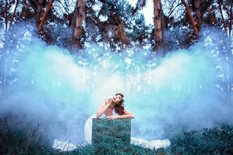 Woman in Forest with Smoke — Blue