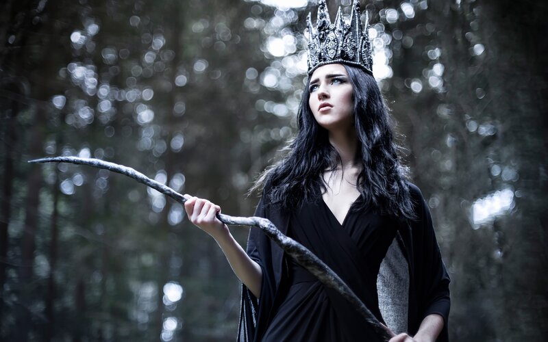 Woman in Forest with Staff — Black