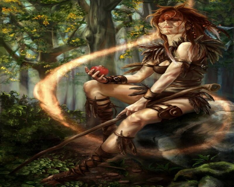 Woman in Forest with Staff — Brown, Dramatic