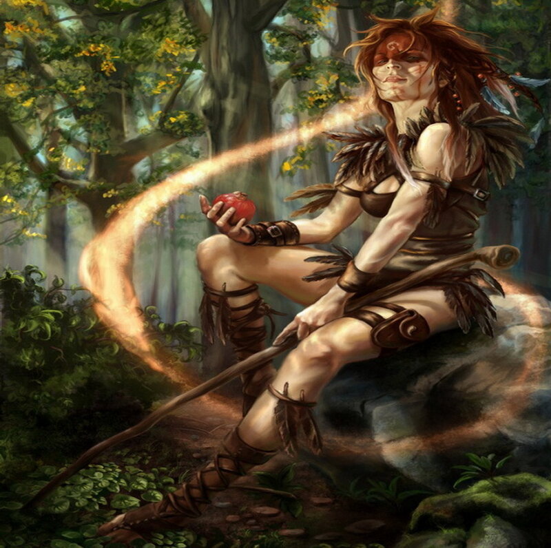 Woman in Forest with Staff — Green