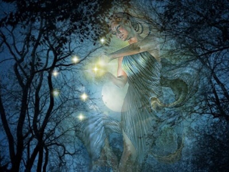 Woman in Forest with Stars