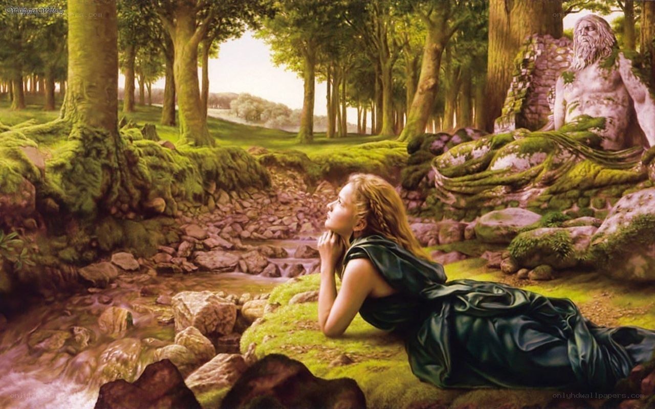 woman in forest with statue