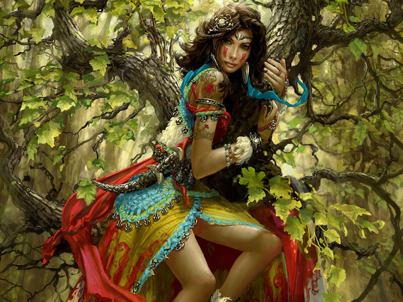 woman in forest with sword
