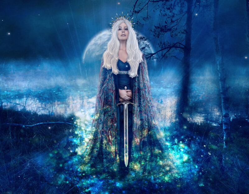 Woman in Forest with Sword — Blue, Mystical