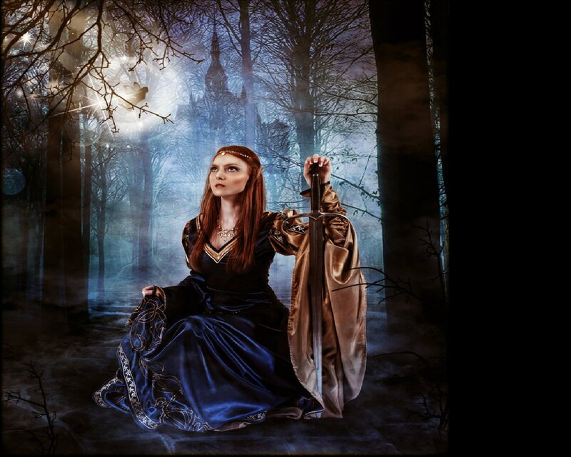 Woman in Forest with Sword — Blue