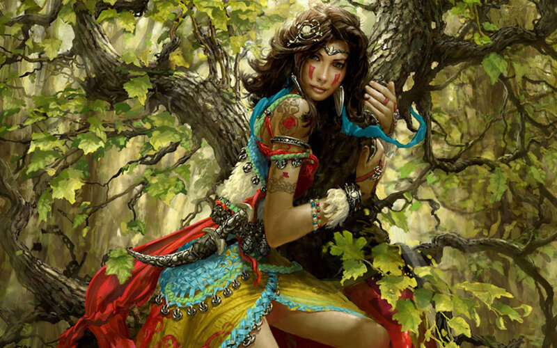 woman in forest with sword